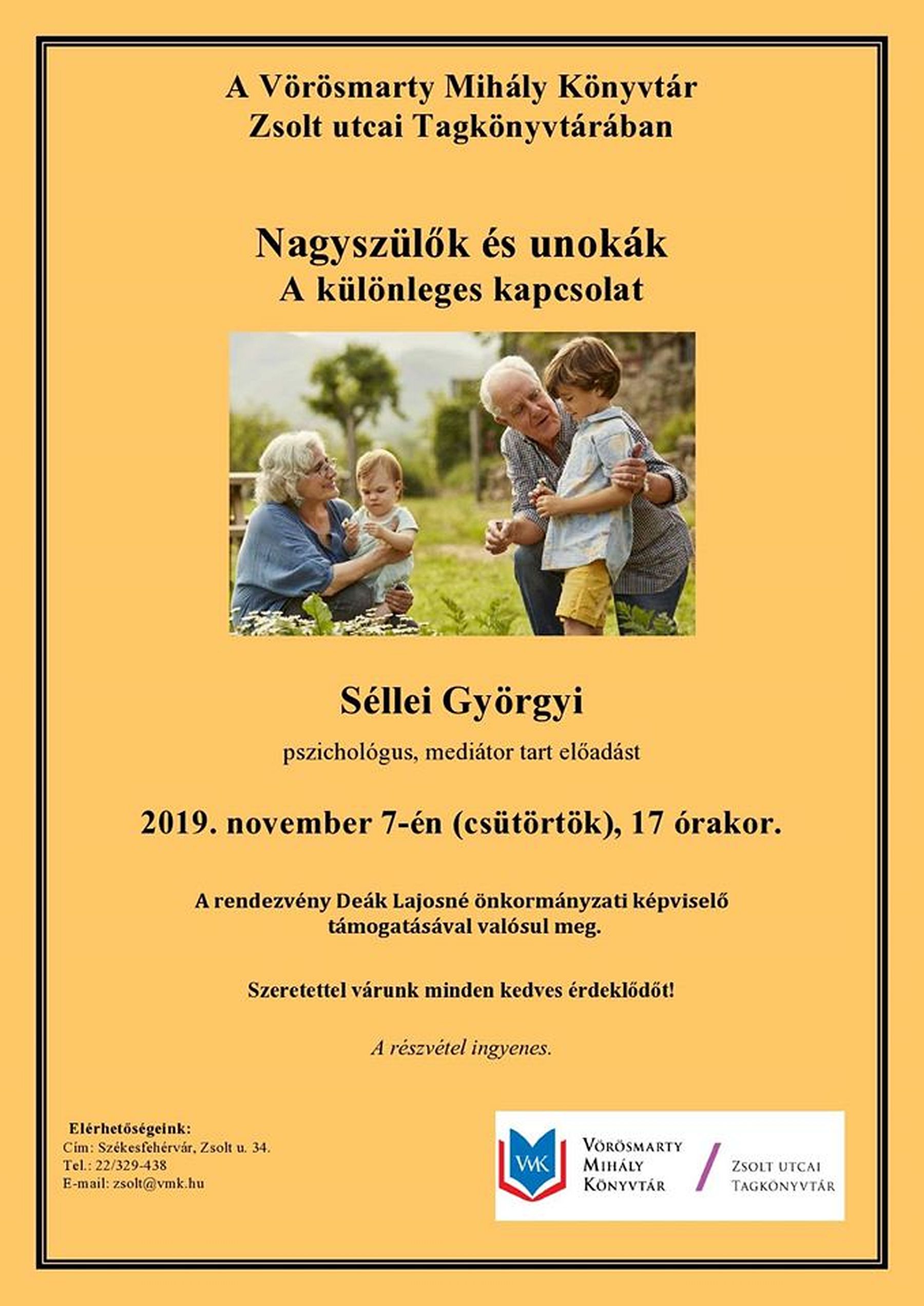 Nagyszülők és unokák - Séllei Györgyi, pszichológus előadása a Zsolt utcai Tagkönyvtárban